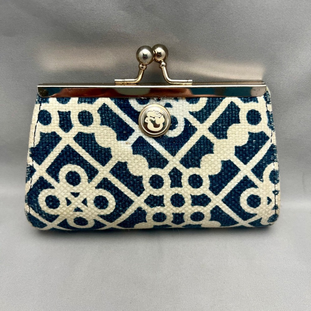 Spartina 449 Coin Purse Womens OS Navy Blue Cream Linen Kiss Lock Good Geometric